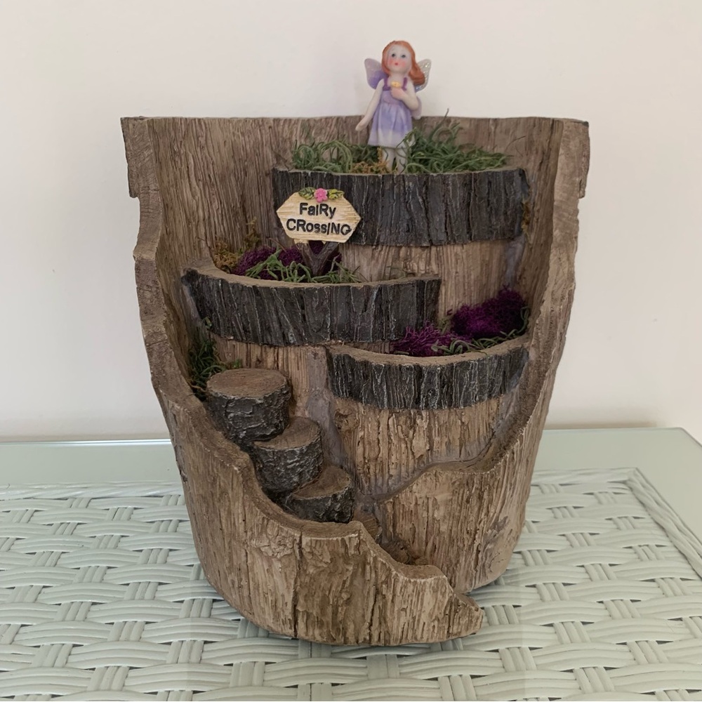 Woodland Garden Faux Fairy Garden Log Planter with Accessories